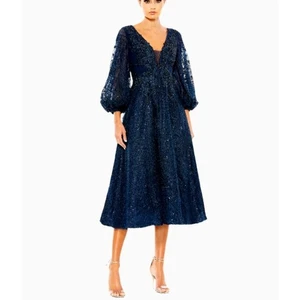 Vestido para mujer Mac Duggal azul adornado cuello profundo manga alfil talla 14 - Imagen 1 de 10