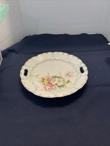 Germany Handled Scalloped Lusterware 9 1/2”Cake Plate White With Pink Flowers - Picture 1 of 5