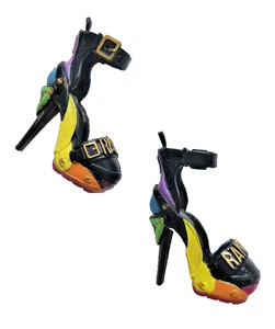 Rainbow High Doll Shoes - Rainbow Platform Ankle Strap Buckle Black Gold - Picture 1 of 6