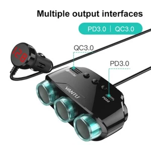 12V 3 Way Car Cigarette Lighter Socket Splitter USB Type C PD QC3.0 Fast Charger - Picture 1 of 14