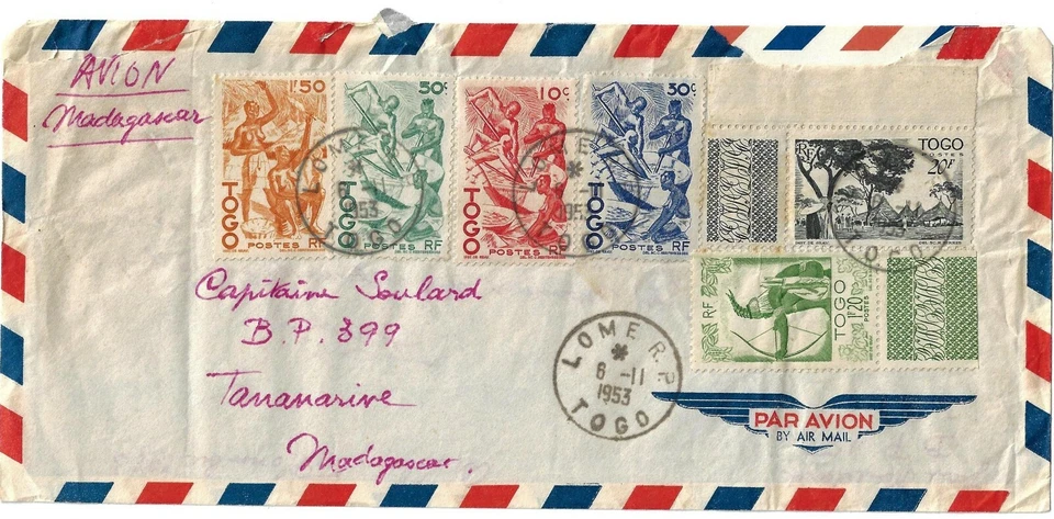 TOGO 1953 AIR MAIL LOME RP TO TAMAMARINE MADAGASCAR FRANKE ATTRACTIVE 6 COLOR FR - Image 1 of 1