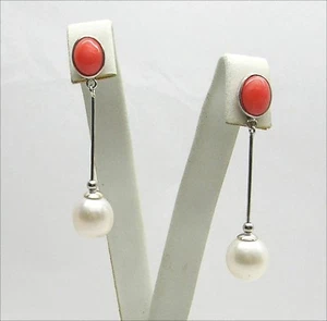 Pendientes de Oro Blanco 18KT con Perlas Biwa Blancas Y Coral Rosa Obht - Imagen 1 de 3