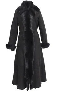 Ladies Black Full Length Sheepskin Coat Toscana Shearling Merino Leather Trench - Picture 1 of 6