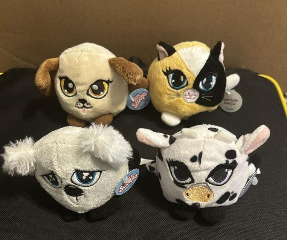 LOT OF 4 GANZ SILLY SCOOPS SERIES ONE 3" MINI PLUSH COW KOALA CAT DOG WITH TAGS - Image 1 of 1