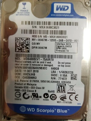 WD WD6400BEVT 640GB 2.5" Hard Drive DCM: HHCVJHB FW: T0 WD6400BEVT-75A0RT0 - Image 1 of 2
