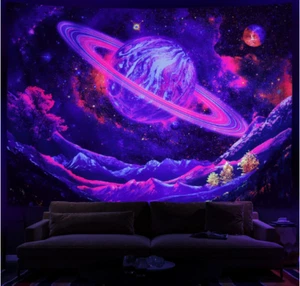 Blacklight Galaxy Wall Tapestry Trippy Planet Tapestry UV Reactive Mountain - Picture 1 of 7