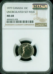 1977 CANADA 10 CENTS NGC MS68 PQ 2ND FINEST GRADE SPOTLESS . - Picture 1 of 2