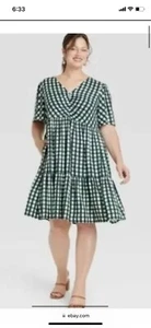 Ava & Viv Womens Checked Swing Dress Blue Gingham Pockets Plus Size 2X New - Picture 1 of 14