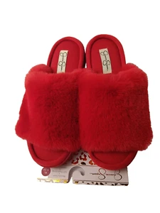 JESSICA SIMPSON PLUSH RED SLIPPERS, MEMORY FOAM, SIZE 9/10 XL, SOFT FAUX FUR! - Picture 1 of 11
