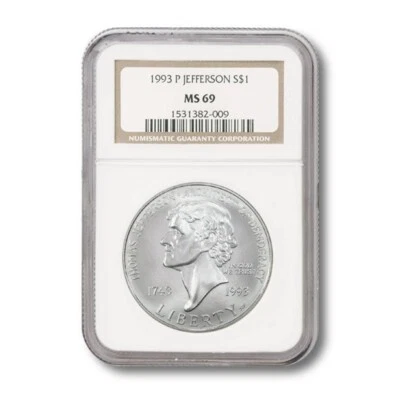 USA Modern Commemorative Silver Dollar- Thomas Jefferson $1 1993P NGC MS-69 - Image 1 of 3