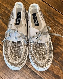 Sperry Top Sider Boat Shoes Glitter Silver Sequin Sparkle Gray White Size 5 - Picture 1 of 6