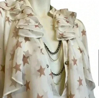 LA ROK Ruffled Steampunk Port Blouse Chain Detail Star Studded Ivory Women Small - Image 1 of 4