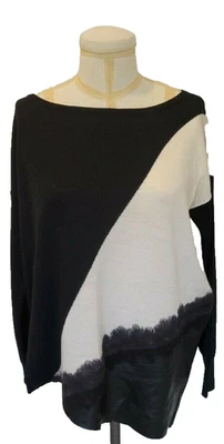 ALICE + OLIVIA  Black and Ivory Wool & Genuine Leather Combo Top - Large - Image 1 of 4