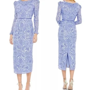 NWT Mac Duggal [ 8 ] Embellished High Neck Puff Sleeve Dress in Periwinkle S1239 - Picture 1 of 15