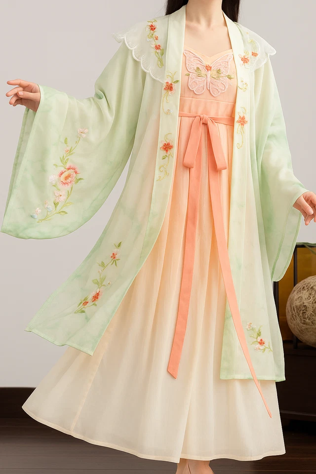 Conjunto de Vestido Estilo Hanfu Chino Asiático L Mariposa Floral Transparente Bordado en Capas Foto 1 de 4
