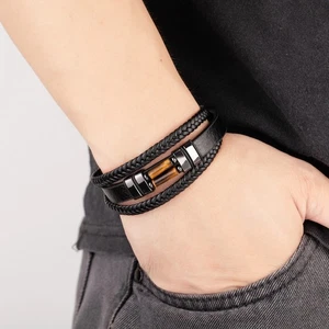 Herrenarmband Leder, Edelstahl, Natursteine Hämatit, Tigerauge - Picture 1 of 3