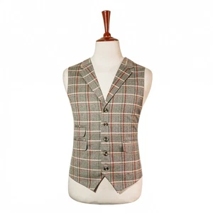 Herren 46R Wollweste Weste beige rot orange kariert Fischgrät Hochzeit formell - Bild 1 von 8