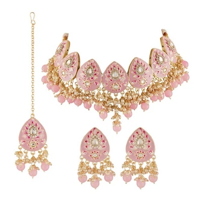 Conjunto de joyería Indian Bollywood Trending Kundan rosa esmalte y perlas Foto 1 de 4