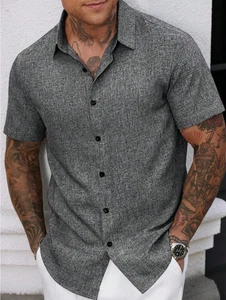 Camisa de manga corta a rayas de lino informal , fresca , para hombre - Picture 1 of 10
