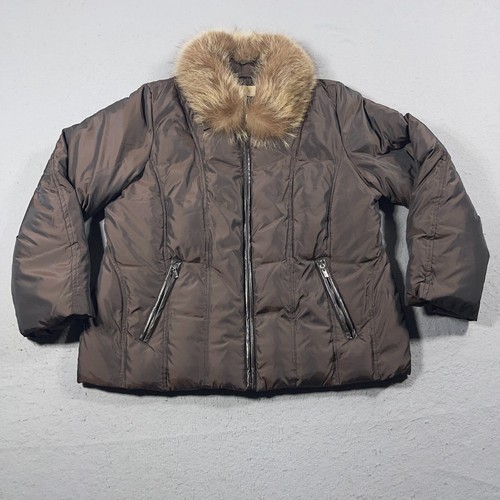 Michael Kors piumino giacca donna 1x pelliccia marrone bordo ecopelle zip caldo