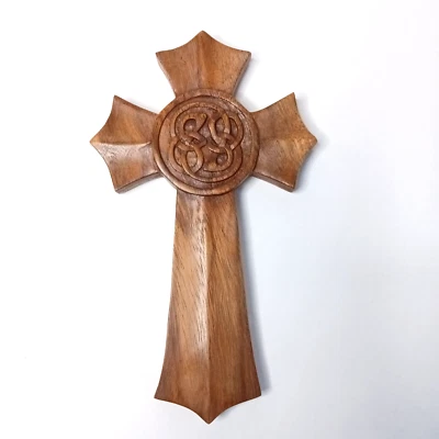 手工雕刻巴厘岛印度尼西亚木十字架10英寸凯尔特结 — 第 1/4 张图片
