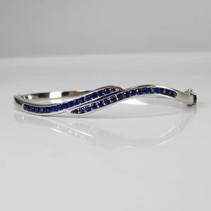 Synthetic Blue Sapphire Channel Clip Bangle Bracelet 925 Sterling Silver Classic - Picture 1 of 15