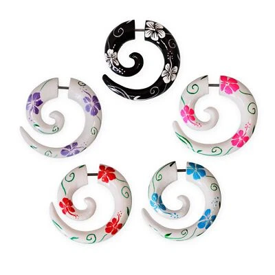 Fake Piercing Spirale Holz Hibiskus Blüte ohrringe flower plug schnecke goa rock - Bild 1 von 3