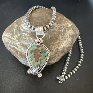 Womens Blue Turquoise Pendant Navajo Pearls Sterling Silver Necklace 15654 - Picture 1 of 12