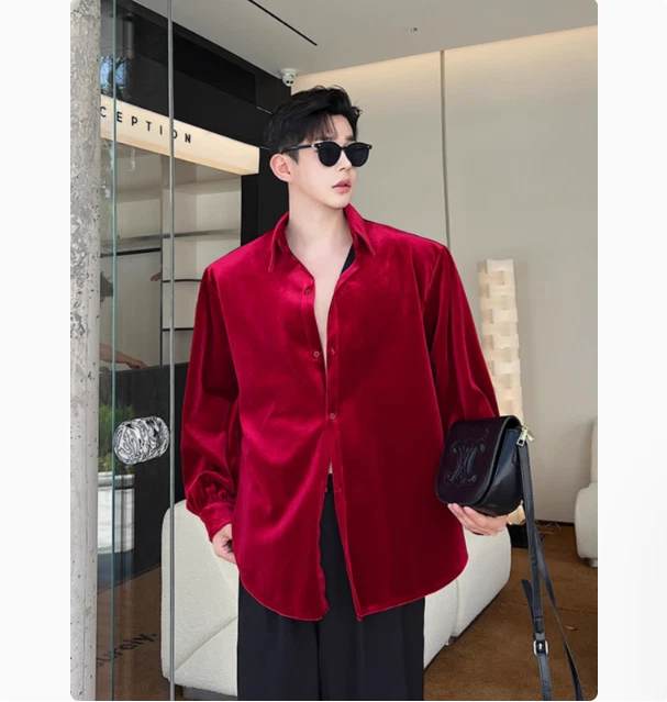 Camisa masculina juvenil coreana moda veludo gola redonda manga comprida palco 3502 - Imagem 1 de 4