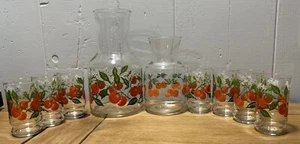 Vintage Anchor Hocking Glass Orange Juice 2 Carafes Pitcher 7 Glasses MCM - Picture 1 of 8