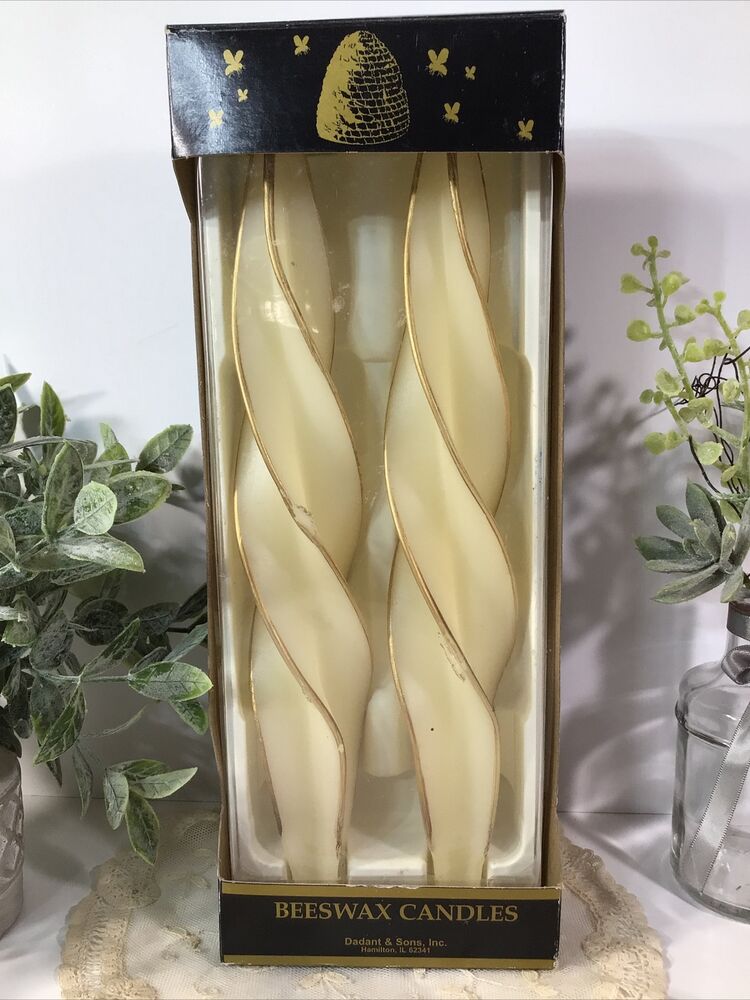 NEW  Beeswax Candles-Ivory/ Gold Trim Twisted/ Spiral 12” Set Of 2 In Box 