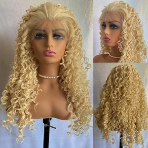 Echthaar Mischung Full Lace Front Perücken lang eng lockig blond Hitze OK #613 - Bild 1 von 12