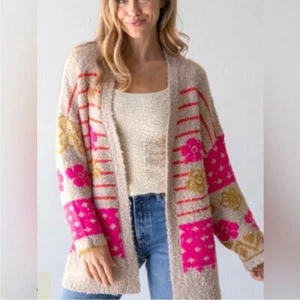 NATURAL LIFE calla jacquard cardigan sweater size S M bright pink chunky - Picture 1 of 5