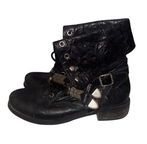 Next Leather Biker Ankle Boots Lace Up Buckle Size 5 Black - Picture 1 of 11