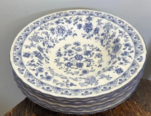 Six Minton Shalimar 8 1/8" Rimmed Soup Bowls Blue White English Bone China - Picture 1 of 6