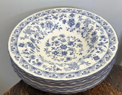 Six Minton Shalimar 8 1/8" Rimmed Soup Bowls Blue White English Bone China - Image 1 of 4