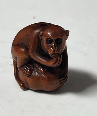 Vintage Japanese Wooden Netsuke Carved Monkey Signed Toggle Inro Med Wood Tone - Image 1 of 4