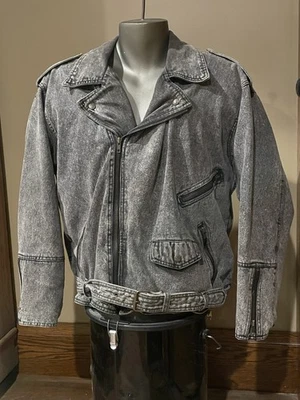 RETRO Men's Weathered Blues 1980s GRAY Denim Biker Cut Jacket Size LG -EXCELLENT - Image 1 of 4