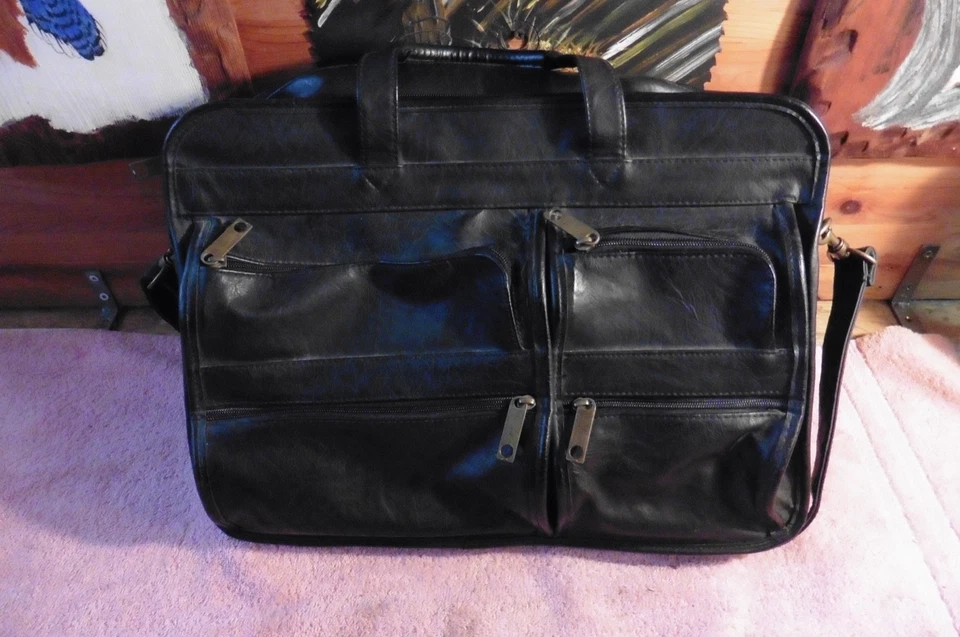 Large Black Leather Expandable Organizer Laptop Briefcase w/ Shoulder Strap - Image 1 of 4