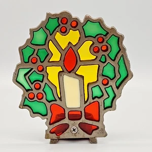 VTG Stained Glass Cast Iron Candle Holder Christmas Wreath Tealight Bow Decor - Picture 1 of 6