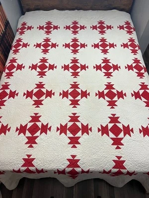 #290 Vintage Handmade 1930's Chinese Block Quilt Pattern Red 82" x 92" ~ USA - Image 1 of 4