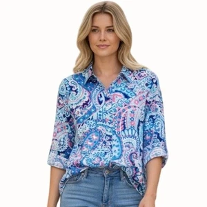 Talbots XLP Petite bunte Paisley Button Down Bluse Langarm Baumwolle Hemd - Bild 1 von 8