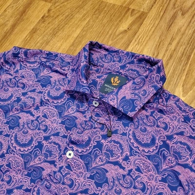 Polo deportivo Donald Ross para hombre mediano púrpura estampado cachemira golf elástico Foto 1 de 4