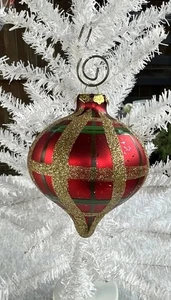 Glas Karo Zwiebel Ornament rot grün gold Weihnachtsbaum Urlaub Vintage Deko - Bild 1 von 12