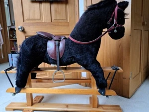 Black Rocking Horse With Saddle, reins & stirrups On Wooden Frame - Picture 1 of 5