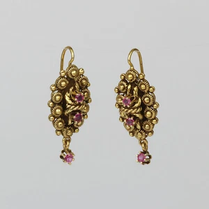 Vintage 14k Yellow Gold Women's Ruby Dangle Hook Earrings - Picture 1 of 3
