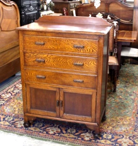English Antique Tiger Oak Chest | 3 Drawer Dresser with Cabinet Storage - Picture 1 of 12