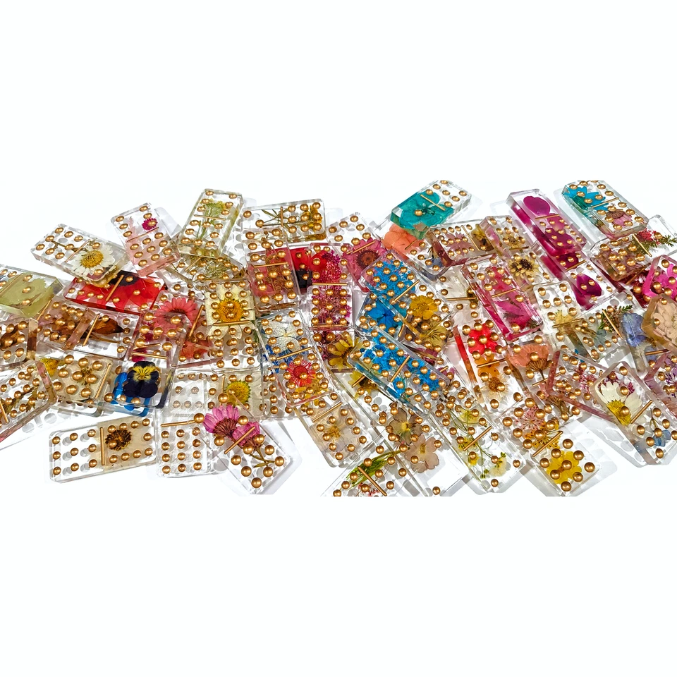 Handmade Resin Art Dried Pressed Flowers Transparent Clear Domino Double 12 Set - Image 1 of 4