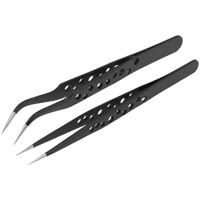 Anti-Static Tweezers 9 Holes Straight Curved Pointed Stainless Steel 2 Pcs • 10.48€