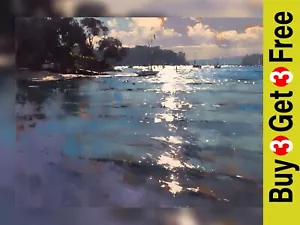 Glowing Sunset Waters 5"x7" Print on Matte Paper | Peaceful Shoreline Painting - Picture 1 of 17